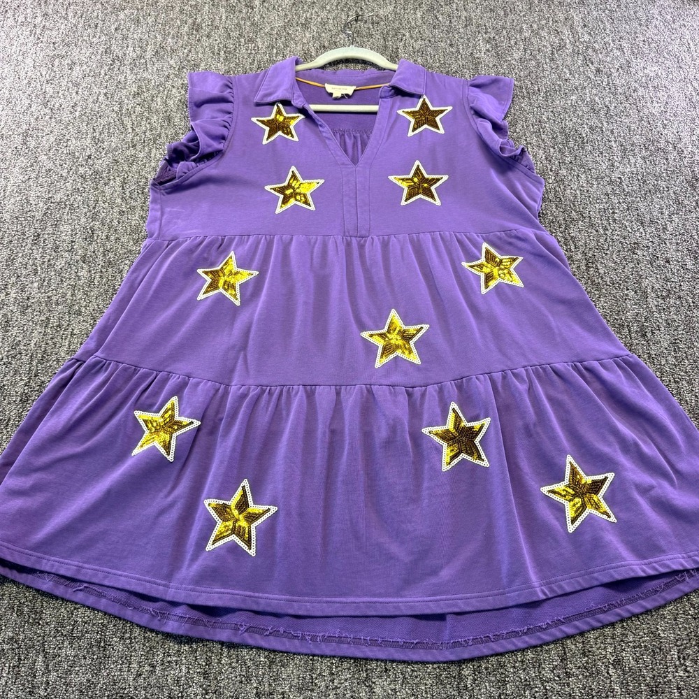 Umgee Mini Dress Womens 1XL Purple Gold Sequin Star Cotton V-Neck Ruffle Sleeve - Picture 1 of 16